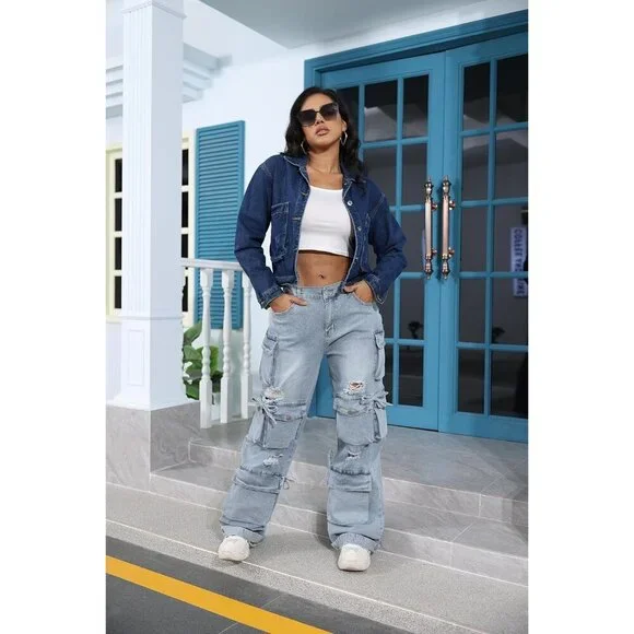 Women’s Baggy Cargo Jeans Cotton High Waist Streetwear Casual Y2K - Picture 2 of 5